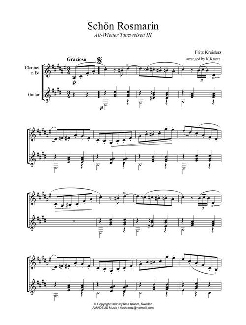 Schon Rosmarin for clarinet in Bb and guitar (Arr. K. Krantz) - F. Kreisler (Instrumental Duet)