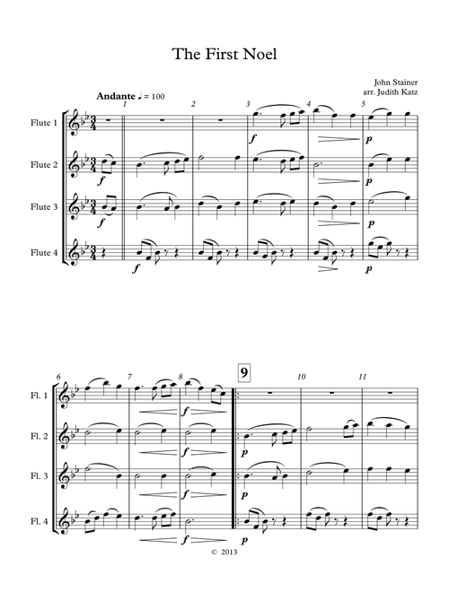 The First Noel - for flute quartet (Arr. Judith Katz) - John Stainer (Woodwind Ensemble)
