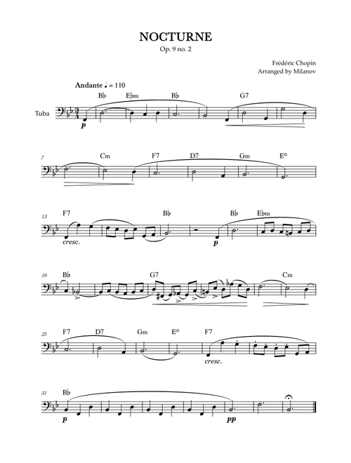 Chopin Nocturne op. 9 no. 2 | Tuba | B-flat Major | Chords | Easy beginner (Arr. Milanov) - Frédéric Chopin (Tuba Solo)