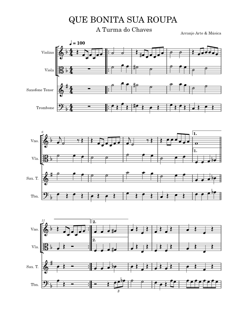 QUE BONITA SUA ROUPA Sheet Music for Trombone, Saxophone tenor, Violin ...