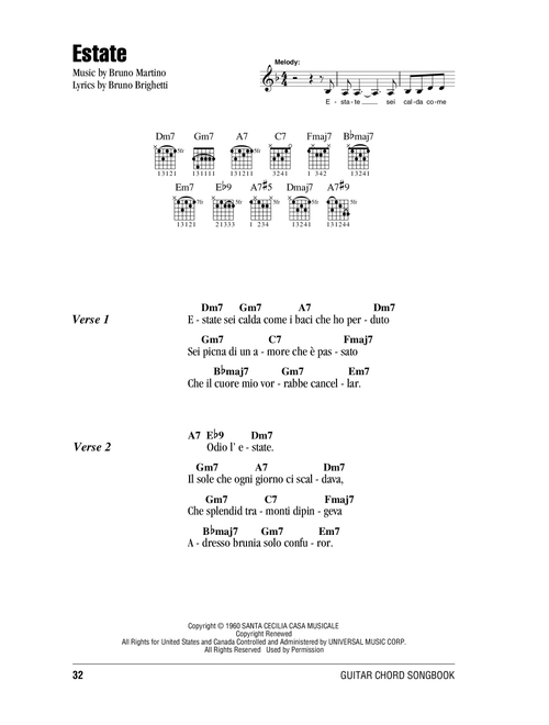 Estate - Bruno Martino (Guitar Chords-Lyrics)