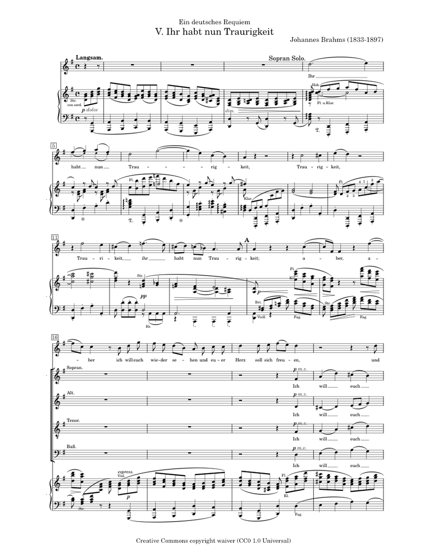 Brahms, Johannes Ihr habt nun Traurigkeit Ein deutsches Requiem, Op.45, No.V Sheet music for Brahms, Johannes Ihr habt nun Traurigkeit Ein deutsches Requiem, Op.45, No.V Sheet music for