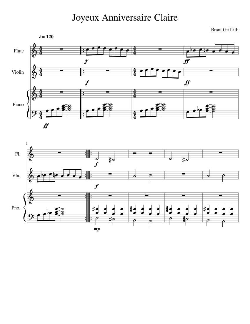 Joyeux Anniversaire Claire Sheet Music For Piano Flute Violin Mixed Trio Musescore Com