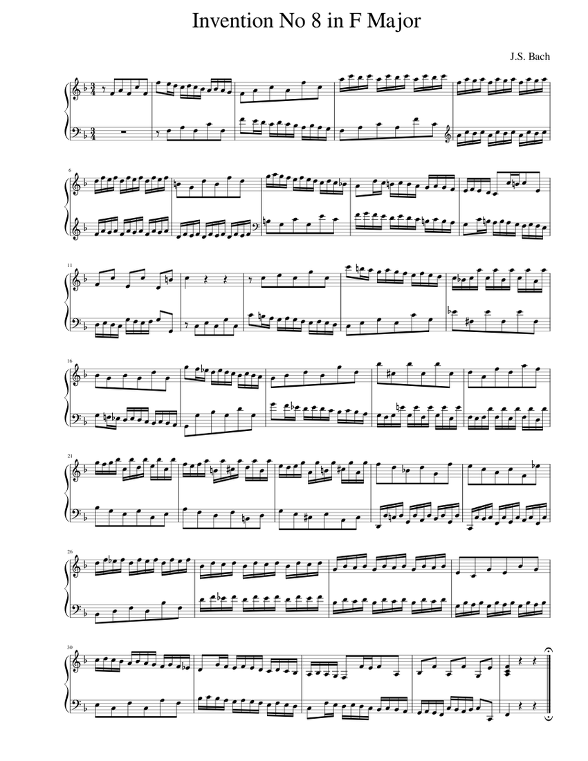 J.S. Bach Invention No. 8 in F Major Sheet Music for Piano (Solo
