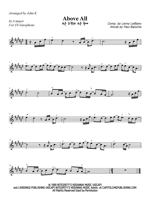 Above All (Arr. John K) - Rebecca St. James (Alto Sax Solo)