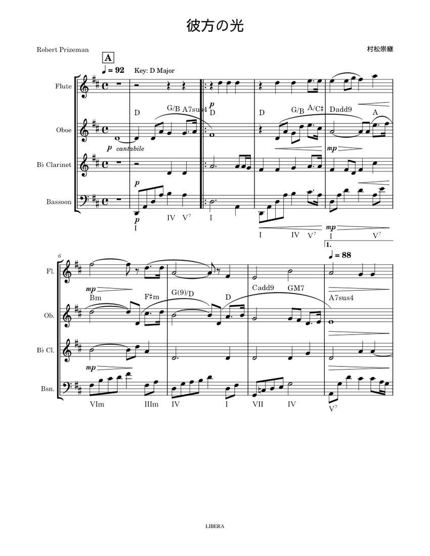 彼方の光 – 村松崇継/Libera Sheet music for Flute, Oboe, Clarinet in b-flat, Bassoon  (Woodwind Ensemble) | Musescore.com