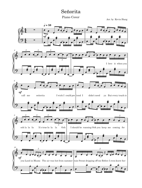 Señorita Piano Cover / Piano Solo ( Lyrics )