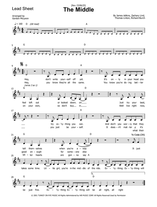 The Middle (Arr. Gordon McLaren) - Jimmy Eat World (Lead Sheet - Fake Book)