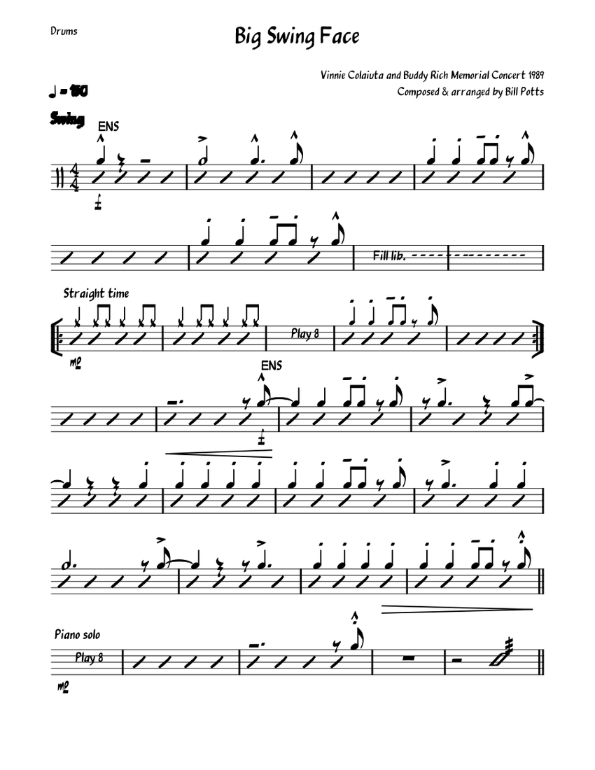 Big Swing Face by Bill Potts - Vinnie Colaiuta - Drum Chart Sheet