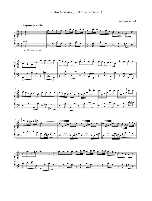 L'estro Armonico Op.3 No. 6 in A minor - Antonio Vivaldi (Piano Solo)