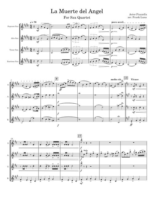 Muerte del Angel for Sax Quartet - Astor Piazzolla, arr. Frank Luna