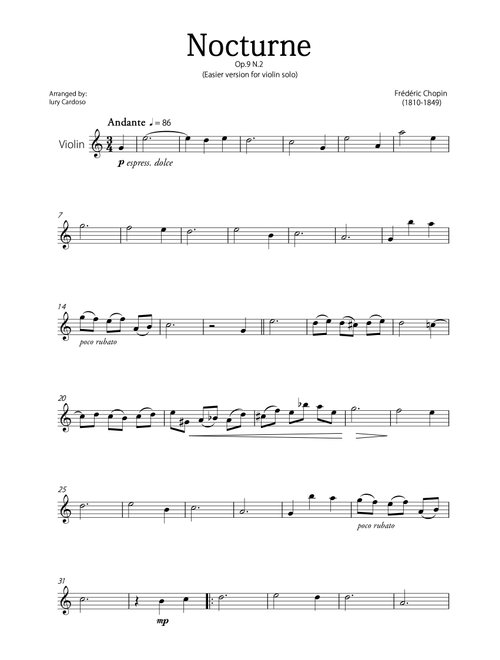 "Nocturne" (Chopin) - Beautiful EASY version for VIOLIN SOLO. (Arr. Iury Cardoso) - Frédéric Chopin (Violin Solo)