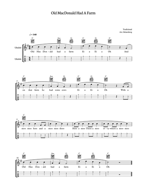Old MacDonald Had a Farm for Ukelele with tab (Arr. Heisenberg) - Tradicional (Ukulele)