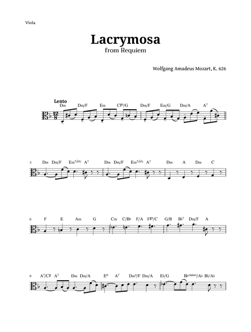 Lacrymosa from Requiem by Mozart for Viola (Arr. Langanho) (Viola Solo)