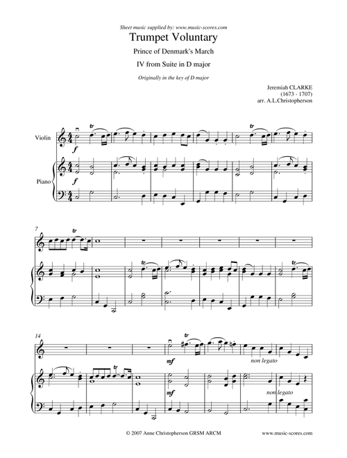 Trumpet Voluntary, or Prince of Denmark's March - Violin and Piano - C major (Arr. Anne L Christopherson GRSM ARCM) - Clarke, Jeremiah (Violin and Piano)