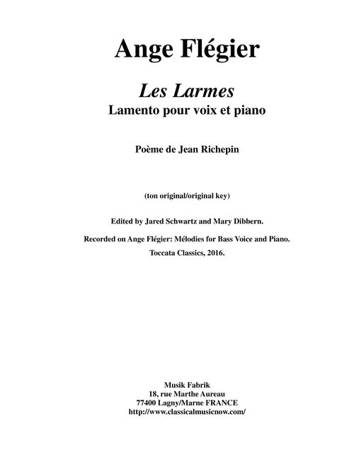 Ange FlÃ©gier: Les Larmes for miedum voice and piano (Vocal Solo)