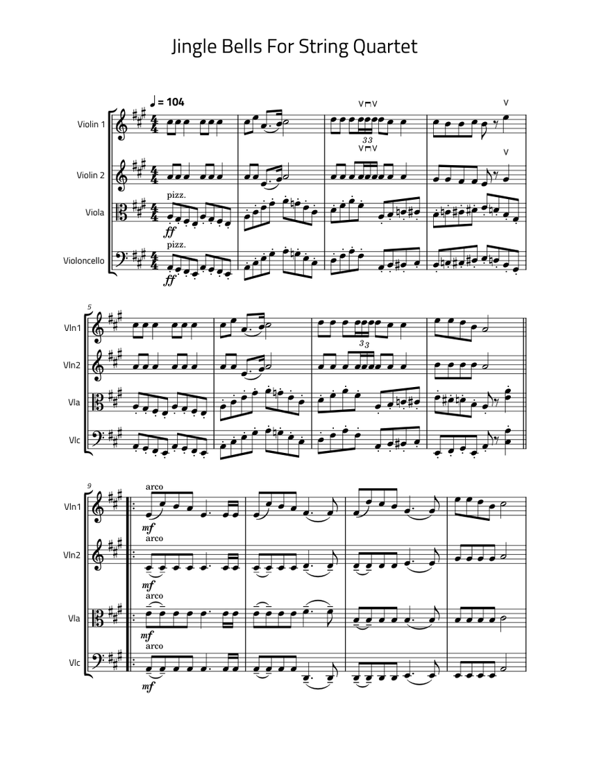 Jingle Bells James Pierpont For String Quartets Easy For Beginners Sheet Music For Violin 