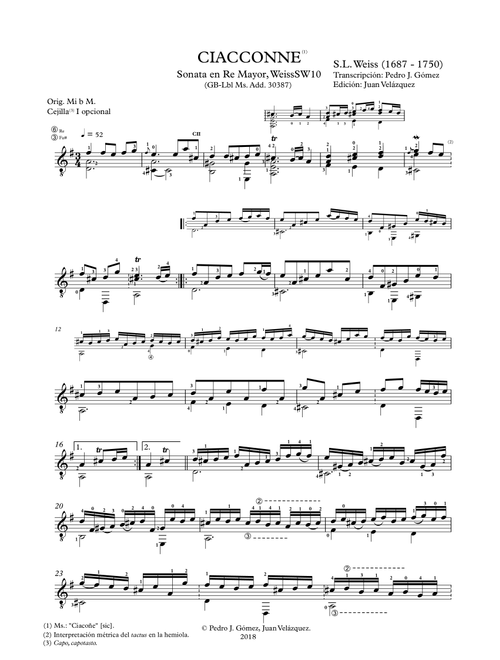 S.L. Weiss Ciacconne SW10 for guitar. Performance v. P. J. Gómez-J. Velázquez ed. (Arr. Arranger: Pedro Jesús Gómez. Edition: Juan Velázquez) (Solo Guitar)