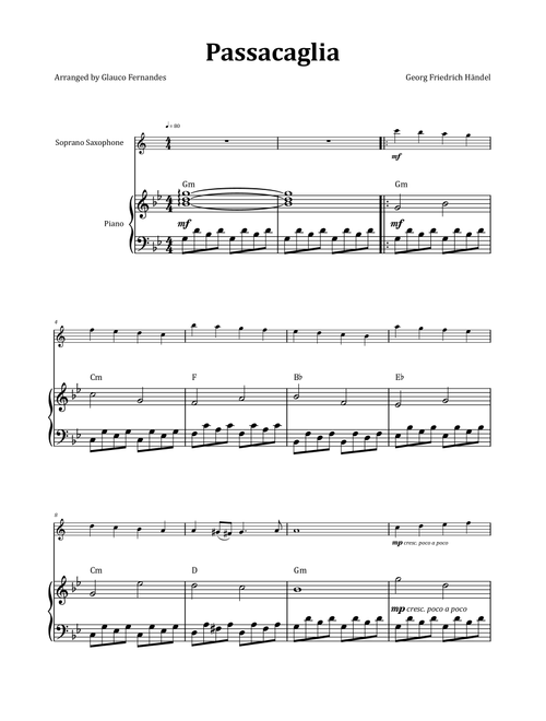Passacaglia by Handel/Halvorsen - Soprano Saxophone & Piano with Chord Notation (Arr. Glauco Fernandes) - Georg Friedrich Händel (Soprano Sax and Piano)