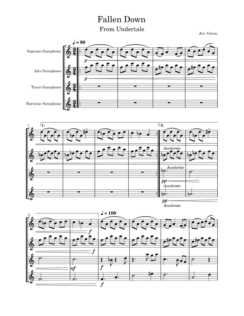 Fallen Down (Reprise) Toby Fox Fallen Down Sheet music for Saxophone alto, Saxophone tenor