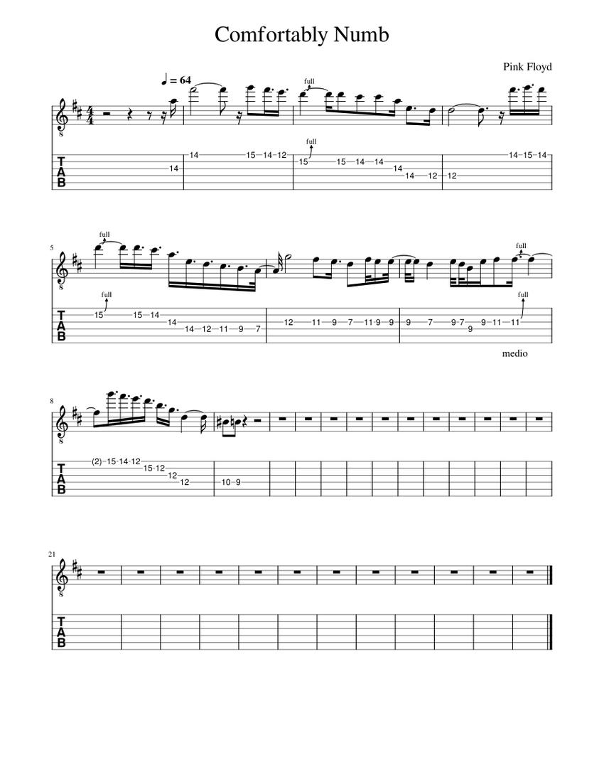 Comfortably Numb solo N°1 Sheet Music and Tab for Guitar
