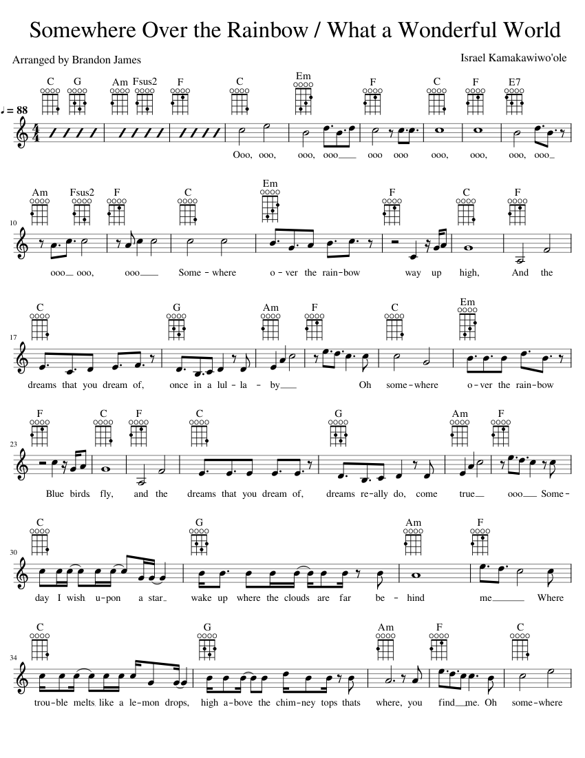 Over The Rainbow Wonderful World Medley Israel Kamakawiwo ole Ukulele with chord diagrams Sheet music for Flute Solo Musescore