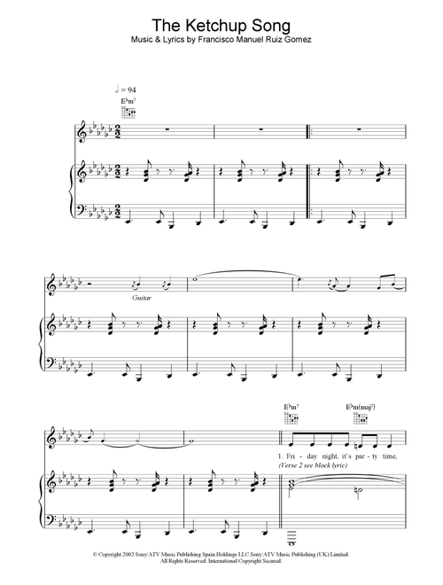 The Ketchup Song - Las Ketchup (Piano-Vocal-Guitar (Piano Accompaniment))