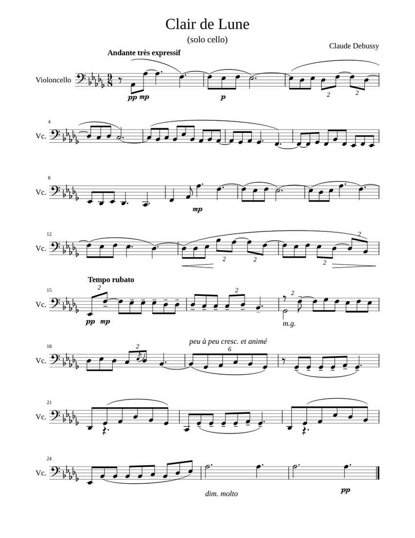 Clair de Lune Debussy Sheet music for Cello (Solo)