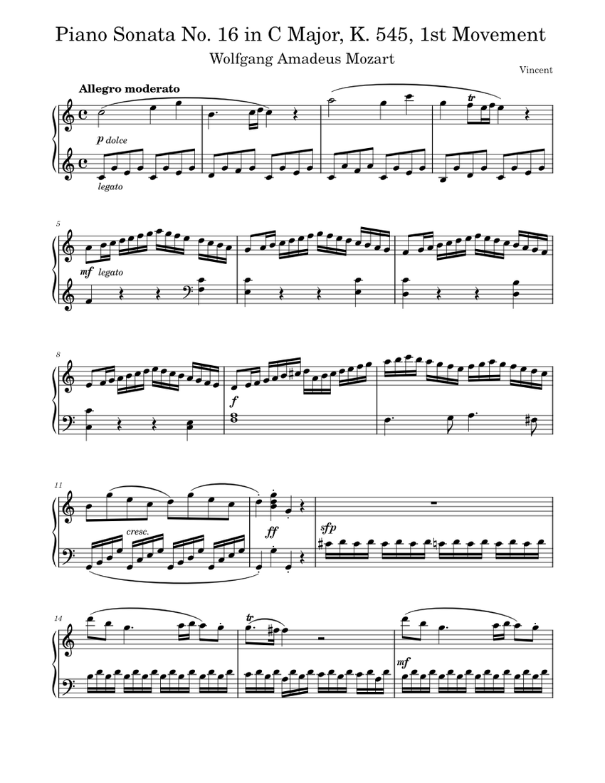 Mozart - Piano Sonata No. 16 in C Major, K. 545, 1st Movement Sheet ...