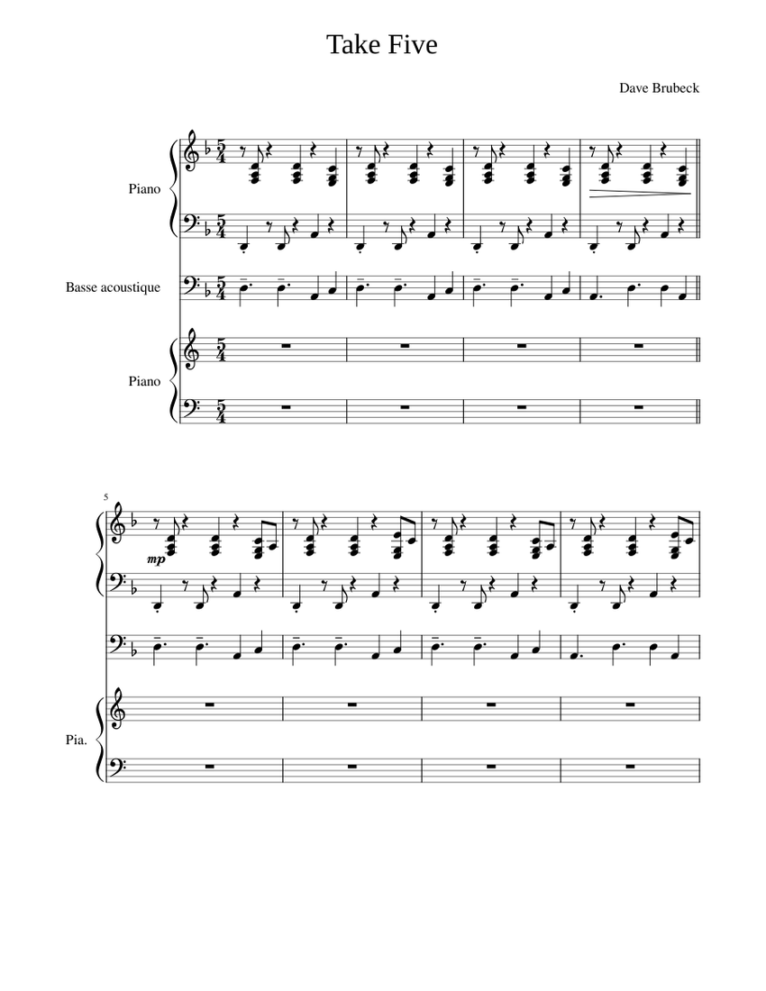take five essai Sheet Music for Piano, Bass guitar (Mixed Trio ...