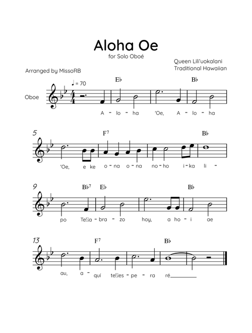 Aloha Oe - Solo Oboe in Bb Major Easy With Lyrics & Chords (Arr. MissoRB) - Queen Liliʻuokalani (Oboe Solo)