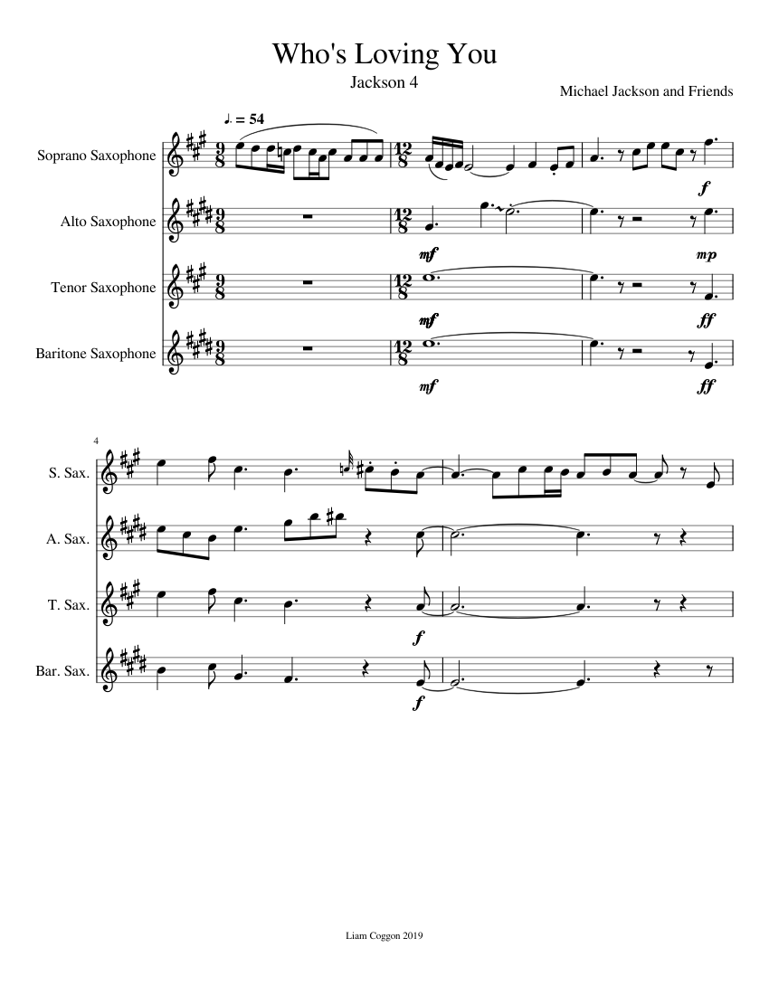 Who's Loving You Sax Pack Sheet Music for Saxophone alto, Saxophone tenor,  Saxophone baritone, Saxophone soprano (Woodwind Quartet) | MuseScore.com, image size:850x1100
