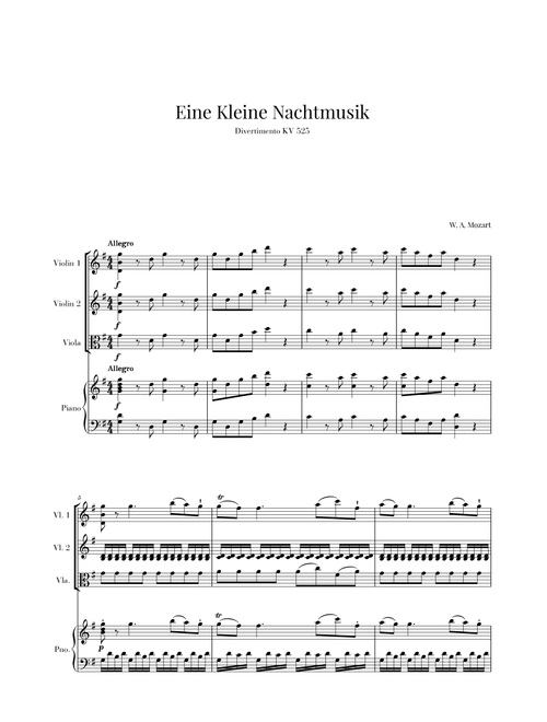 Eine Kleine Nachtmusik for 2 Violins, Viola and Piano (Arr. Cadenza Editions) - Wolfgang Amadeus Mozart (Small Ensemble)