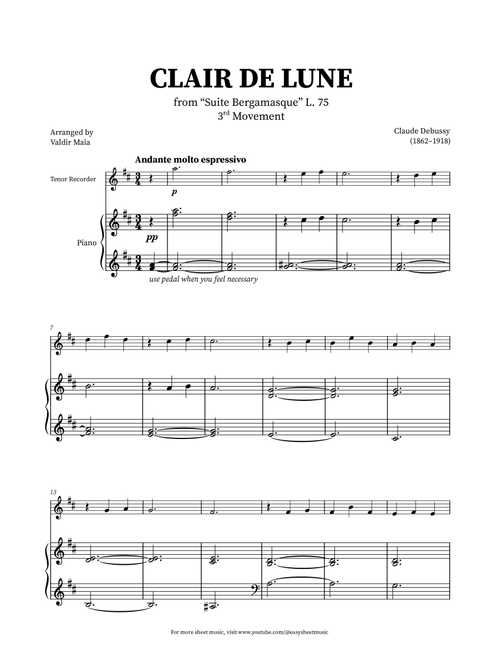 Clair de Lune - Tenor Recorder and Piano (Arr. Valdir Maia) - Claude Debussy (Recorder Solo)