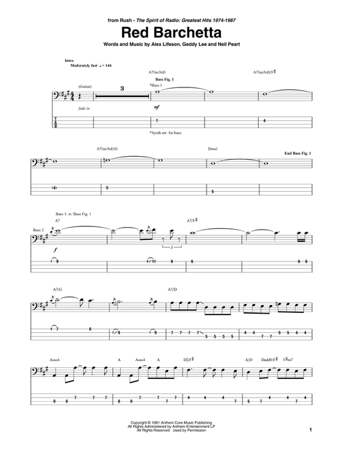 Red Barchetta - Rush (Bass Tab)