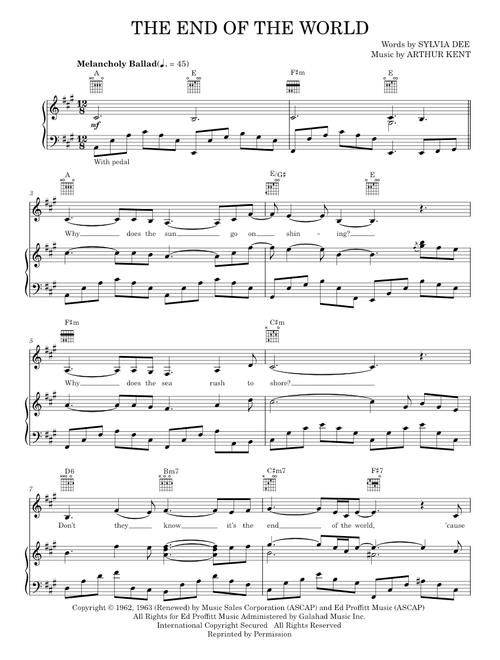 The End Of The World - Carpenters, Skeeter Davis (Piano-Vocal-Guitar)
