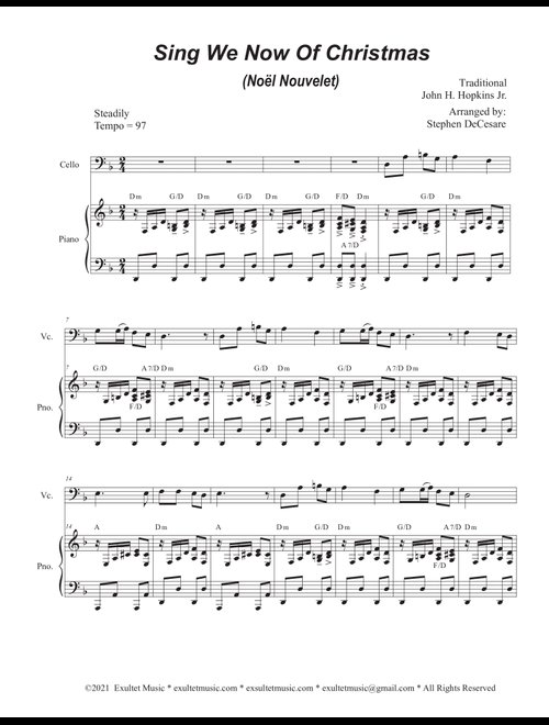Sing We Now Of Christmas (Noël Nouvelet) (Cello solo and Piano) (Arr. Stephen DeCesare) - Traditional John H Hopkins Jr (Cello and Piano)