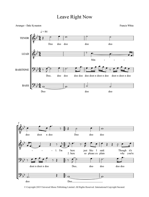 Leave Right Now (Arr. Composer Francis (Eg) White, this arrangement Dale Kynaston.) - Will Young (Choral, TTBB)