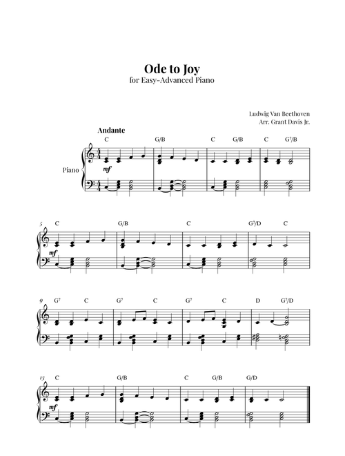 Ode to joy (Arr. Grant Davis Jr.) - Ludwig Van Beethoven (Easy Piano)
