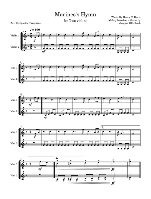 Marines's Hymn (Arr. Sparkle Tangerine) - Jacques Offenbach (Violin Duet)