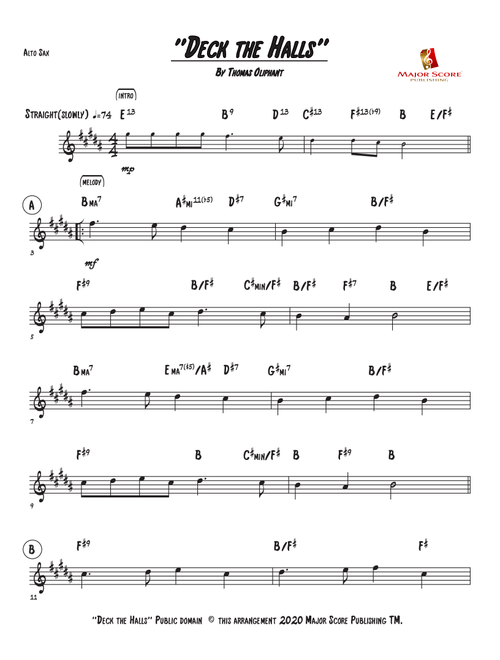 Deck the Halls - Alto sax & Piano - D Major (Arr. MAJOR SCORE PUBLISHING TM.) (Alto Sax and Piano)