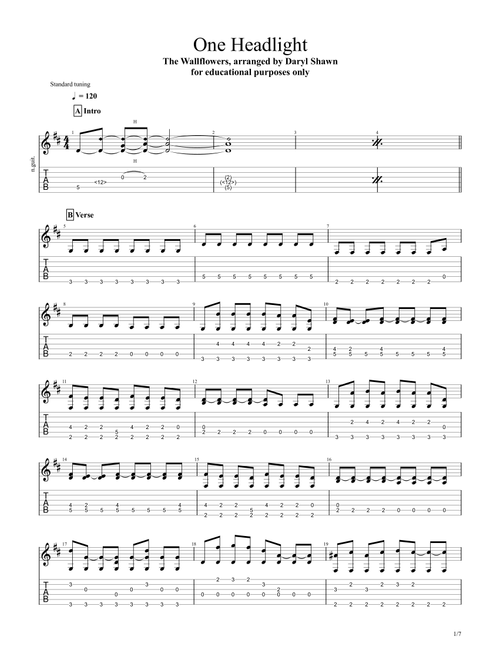 One Headlight (Arr. Daryl Shawn) - The Wallflowers (Guitar Tab)