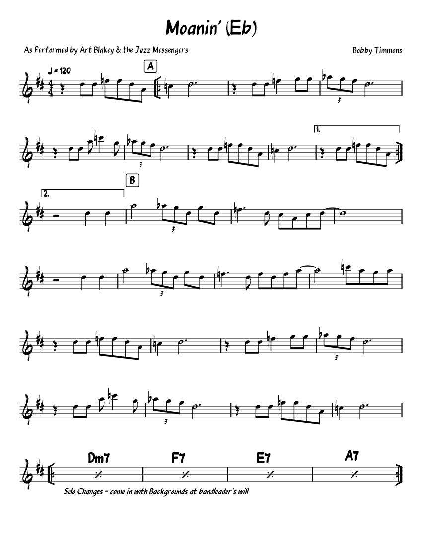 Moanin Eb Alto Sax Sheet Music For Piano Jazz Band 