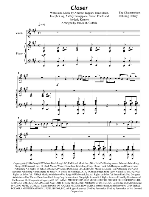 Closer (Arr. James M. Guthrie, ASCAP) - The Chainsmokers Feat. Halsey (Violin and Piano)