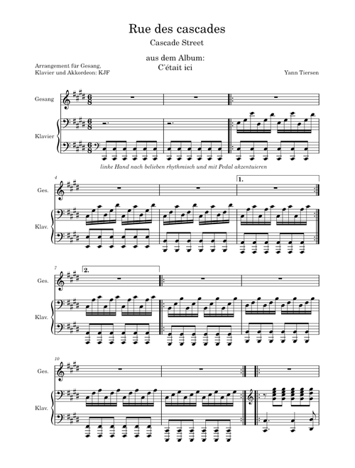 Rue des cascades (Cascade Street) - Für Gesang, Klavier und Akkordeon – Yann Tiersen