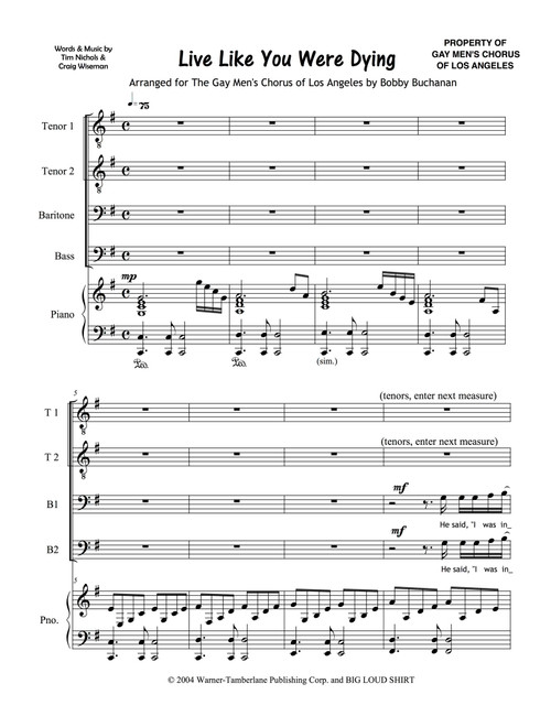 Live Like You Were Dying (Arr. Bobby Buchanan) - Tim McGraw (Choral, TTBB)