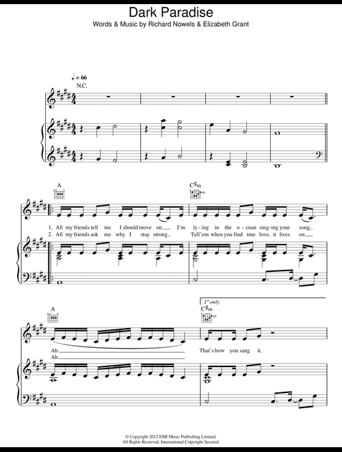 Dark Paradise - Lana Del Rey (Piano-Vocal-Guitar (Piano Accompaniment))