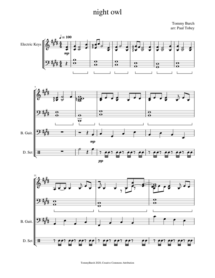 Night Owl Sheet Music for Piano, Bass guitar, Drum group, Synthesizer ...