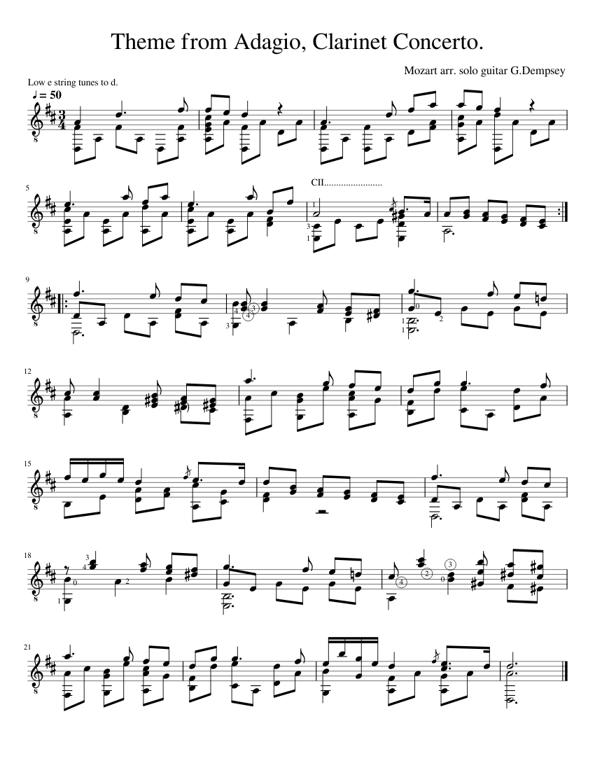 Mozart Clarinet concerto D 20 Sheet Music for Guitar (Solo