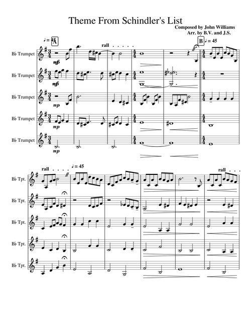 Theme From Schindler's List Trumpet ensemble Revised editon, for 2 soloists instead of 1